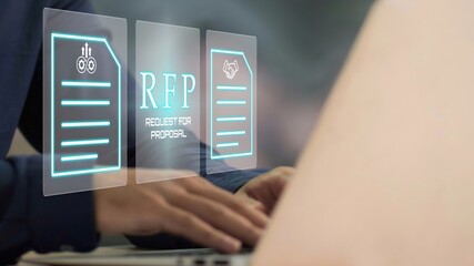 A person using laptop with RFP, Request for Proposal Business Concept.