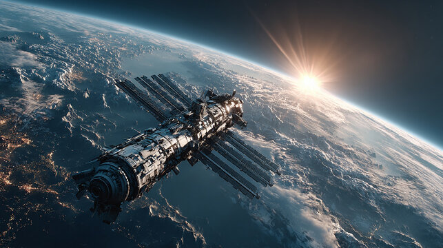 Gigantic solar panel array in Earth orbit with sunlight refraction effect, futuristic clean energy concept showcasing space-based renewable power technology.