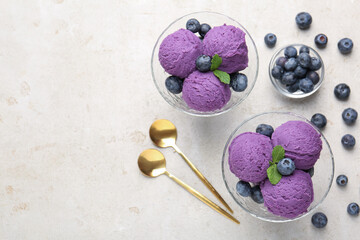 Tasty sorbet with blueberries and mint on light grey table, flat lay. Space for text