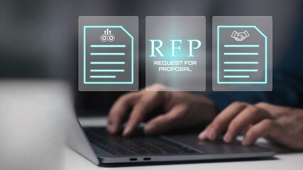A person using laptop with RFP, Request for Proposal Business Concept.