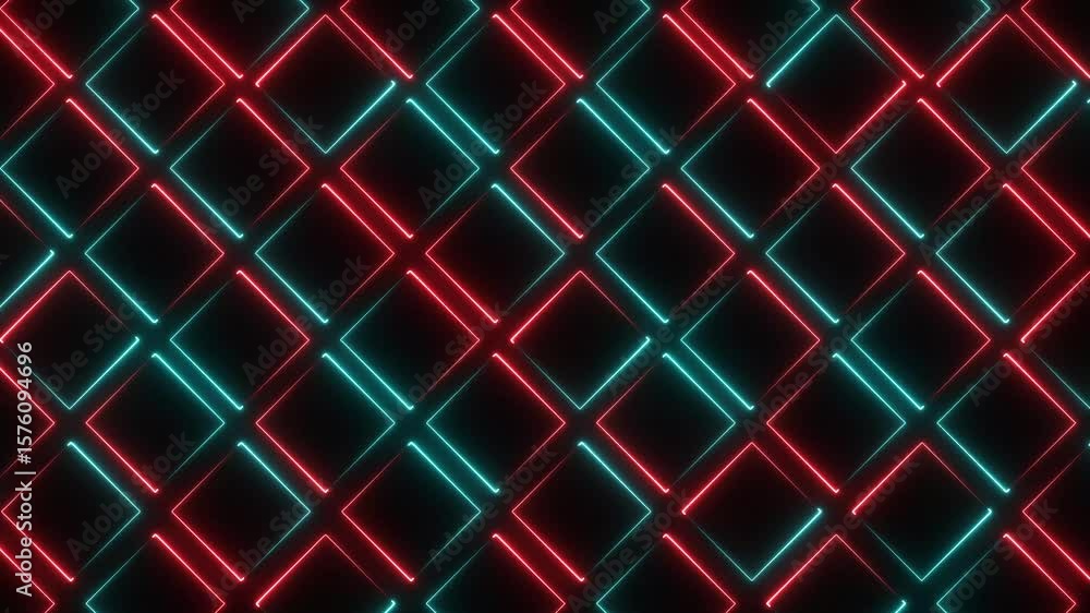 Poster glowing square grid pattern neon lights animation isolated on black background