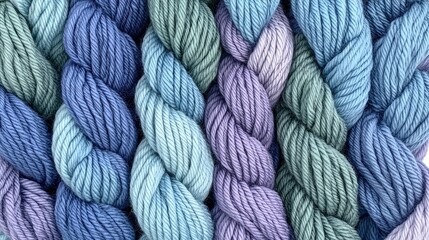 Close-up view of colorful skeins of yarn.