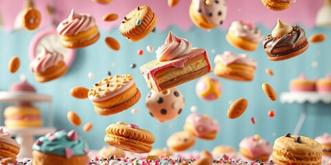 Floating pastries, whimsical bakery scene, cookie descent,  tempting,  pie