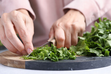 Woman cutting fresh green cilantro at light table, closeup