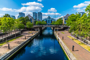 A view down the Mariners Canal in Salford Quays, Manchester,UK in summertime