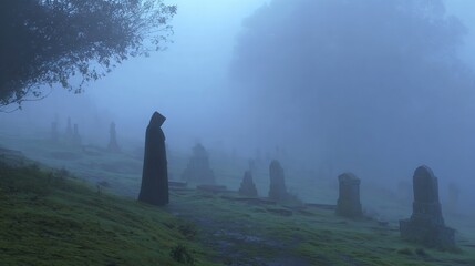 Grim Reaper in Foggy Cemetery