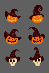 Halloween Pumpkins and Skulls in Hats Set