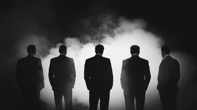 Shadowy Silhouette: A captivating monochromatic capture of men, shrouded in mystery. The image evokes intrigue as silhouetted figures stand poised.