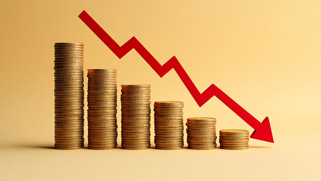 Photo of a red arrow points downward over stacks of coins arranged in a decreasing bar graph, illustrating financial decline - Powered by Adobe