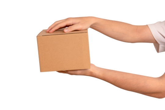Hand holding parcel box isolated on transparent PNG.	