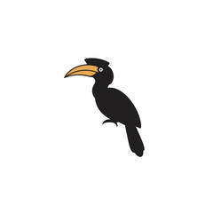 Vector silhouette of hornbill bird with yellow beak, biodiversity, fauna and nature, icon for zoo, birds sanctuary, traveling and birdwatching	
