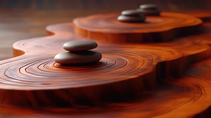 Obraz premium Stacked stones on layered, circular wooden surfaces.