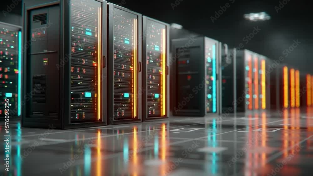 Poster a row of illuminated server racks in a modern data center, reflecting clean light on a shiny floor.