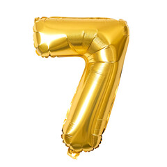 Golden number 7 light years, isolated balloon on transparent background. Foil helium balloon in PNG format.