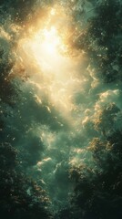 Fototapeta premium Sunlight Streaming Through Dense Woodland Canopy with Misty Clouds