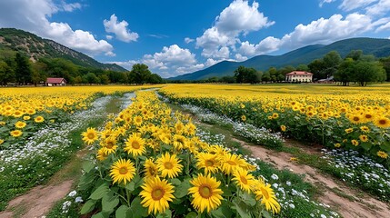 Scenic Sunflower Field Under Bright Blue Sky with Fluffy Clouds and Mountains in Background