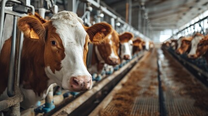 Ayrshire cows on a rotating milking machine in a modern dairy farm, illustrating the scale of dairy operations and their role in food production.
