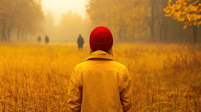 A girl in a red hat and yellow jacket standing in a field, looking at distant people walking through a foggy autumn forest, back view - Powered by Adobe