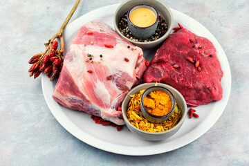 Mix of raw meat for cooking or grilling.