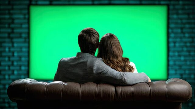 Couple sitting brown leather sofa watching green screen television cozy living room, relaxed atmosphere, back view, evening togetherness, home entertainment, relaxation, modern lifestyle