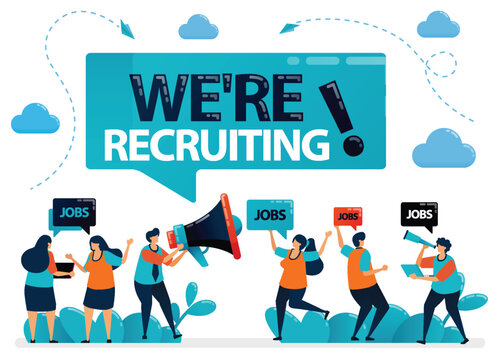 Energetic vector design showing people with megaphones announcing job vacancies. Perfect for social media hiring posts and marketing teams.