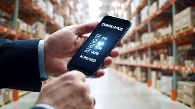 A person holds a smartphone displaying a compliance checklist while standing in a warehouse filled with stacked boxes