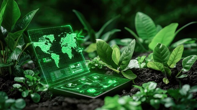 Innovative Green Technology Laptop Surrounded by Lush Nature