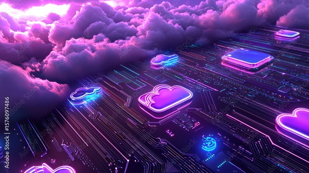 Aufkleber futuristic cloud computing concept with neon circuitry and clouds