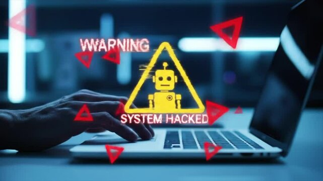 AI assistant detects system breach and security threats with alert interface, ideal for illustrating cyberattack warning, AI monitoring and automated incident response systems. Cybersecurity with AI.