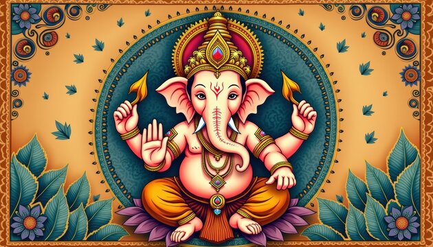 Divine Ganesha in Pattachitra Style &ndash; Intricate Indian Folk Art Wallpaper