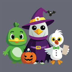 Obraz premium Halloween birds with pumpkin and bat costume