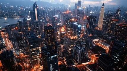 Obraz premium Aerial View of Shanghai City Skyline During Night with Bright Lights