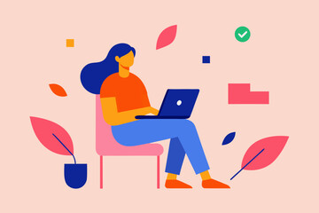 Woman working on laptop with abstract shapes and leaves in a modern flat design