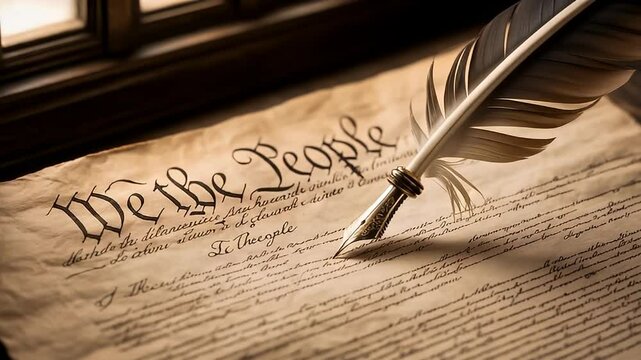 "We the People" US Constitution with feather pen