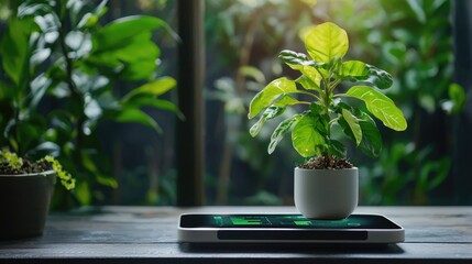Modern Indoor Plant with Smartphone on Wooden Table in Bright Room