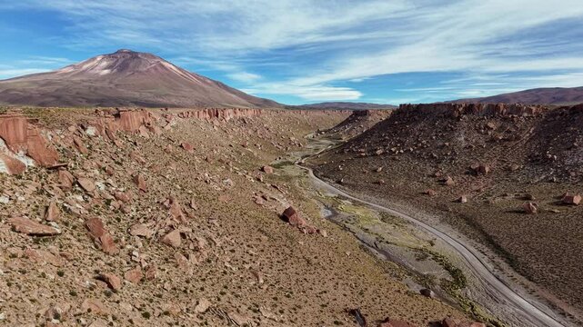 Aerial view of the Agua Caliente Ravine, the Toy Store, and the Tuzgle Volcano in Jujuy, Argentina.