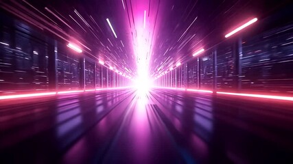 Futuristic neon tunnel with purple and pink light trails for science fiction concept - Powered by Adobe
