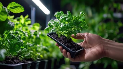 Hands Holding Fresh Basil Plant in Modern Indoor Garden Setup