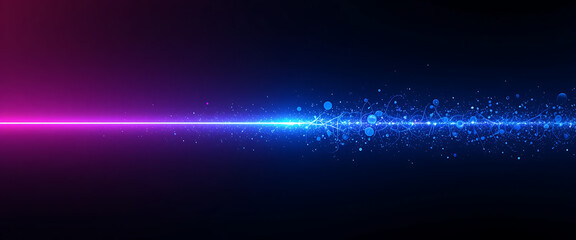 Abstract single glowing dark blue gradient line strick down from right top and on the edge of down line broken and creating shimmering glowing particles in pink purple and dark blue background, minima