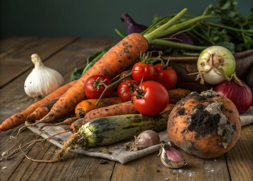 Overripe vegetables including carrots tomatoes and root vegetables