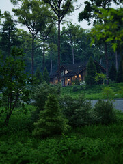 3D rendering of a cozy wooden house surrounded by forest. Eco-friendly cabin architecture with large windows, gabled roof, and natural landscaping. Peaceful countryside retreat.
