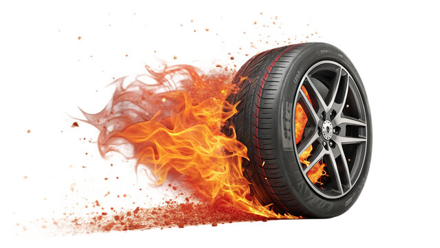A car tire engulfed in vibrant orange flames, isolated on transparent background, conveying speed and power