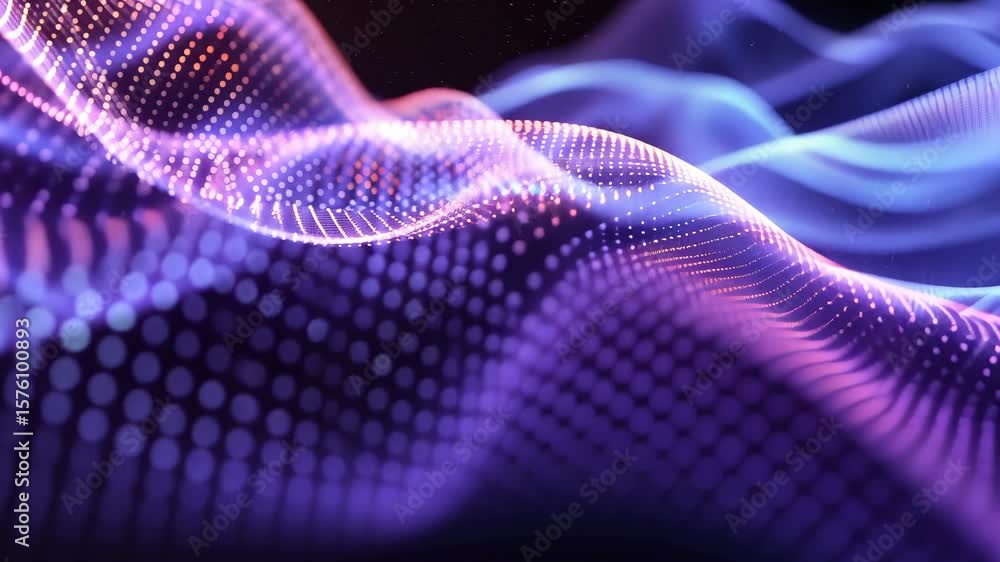 Poster abstract wave with moving dots and lines, flow of particles, in the style of modern digital art