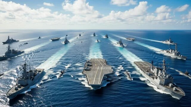 Aerial View of Naval Fleet Sailing Across Blue Ocean Under Clear Sky