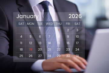 Businessman reviews january 2026 calendar on a digital interface