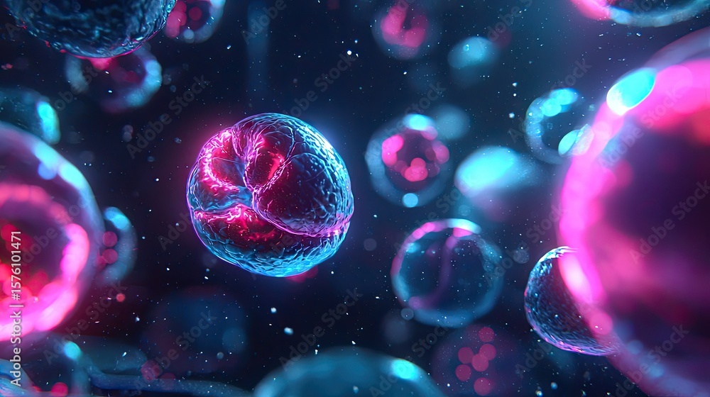 Poster abstract colorful microbial cells in sci-fi background design