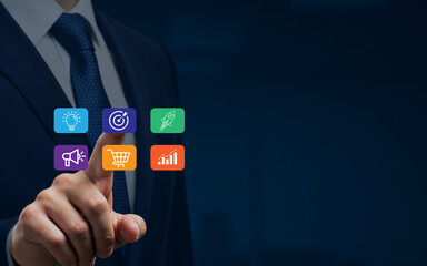 Businessman touching icons for business growth marketing and ideas