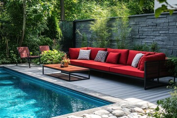 Red garden sofa by the pool. Terrace of a house in modern style. backyard