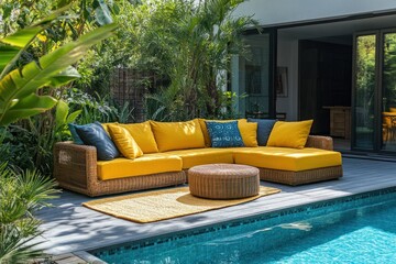 Yellow garden sofa by the pool. Terrace of a house in modern style. backyard