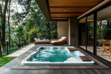 Jacuzzi on backyard terrace. Round bathtub on a wooden balcony with bushes and trees